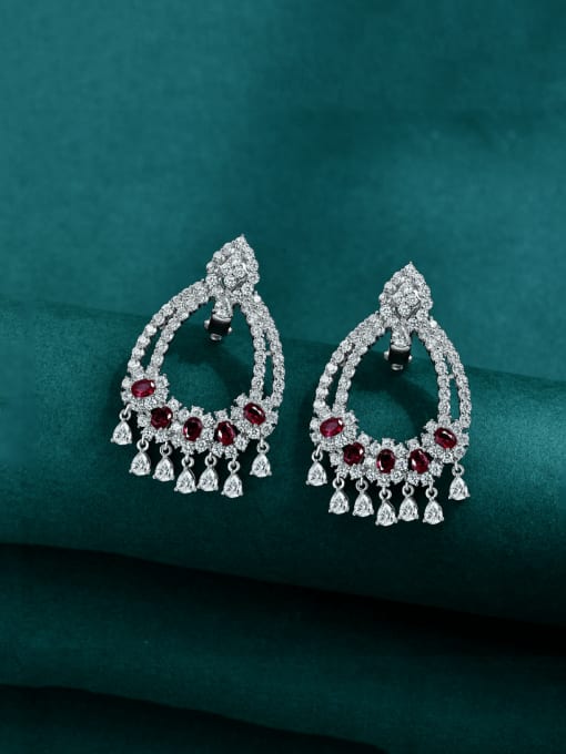 Red corundum [E 2629] 925 Sterling Silver High Carbon Diamond Geometric Luxury Cluster Earring